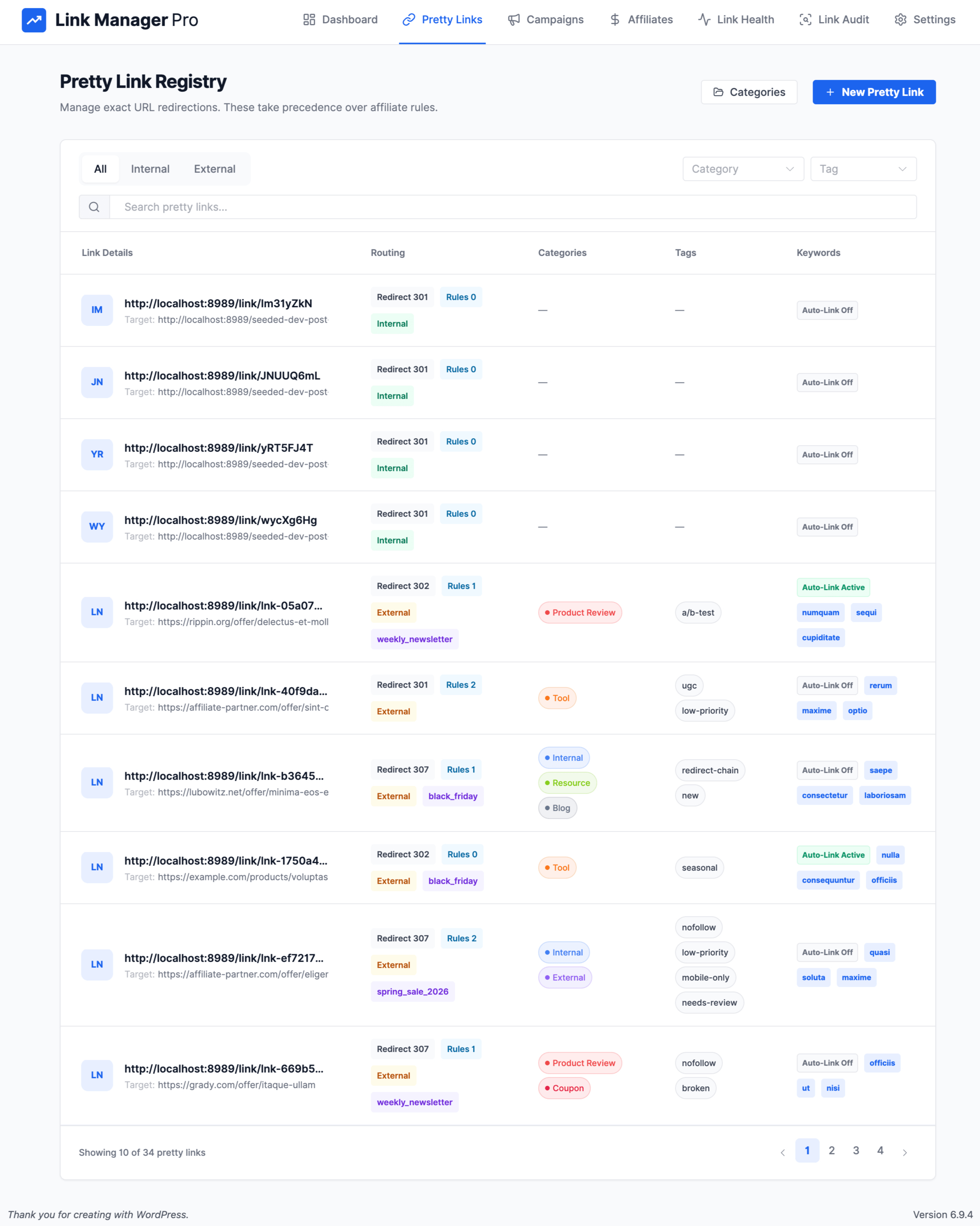 Link Manager Pro link list dashboard showing masked URLs, redirect types, categories, and click counts